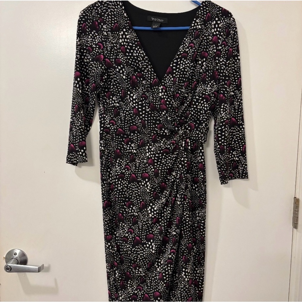 White House Black Market Black and white  Ruched Wrap Dress with purple accents